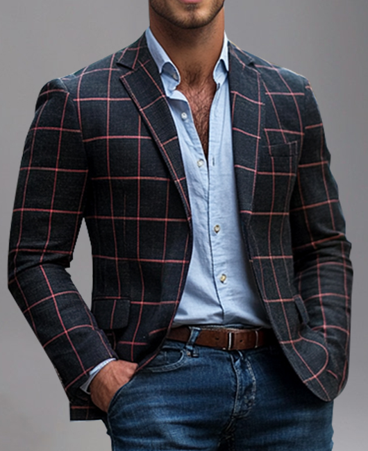 Business Plaid Print Notched Lapel Flap Pocket Long Sleeve Blazer