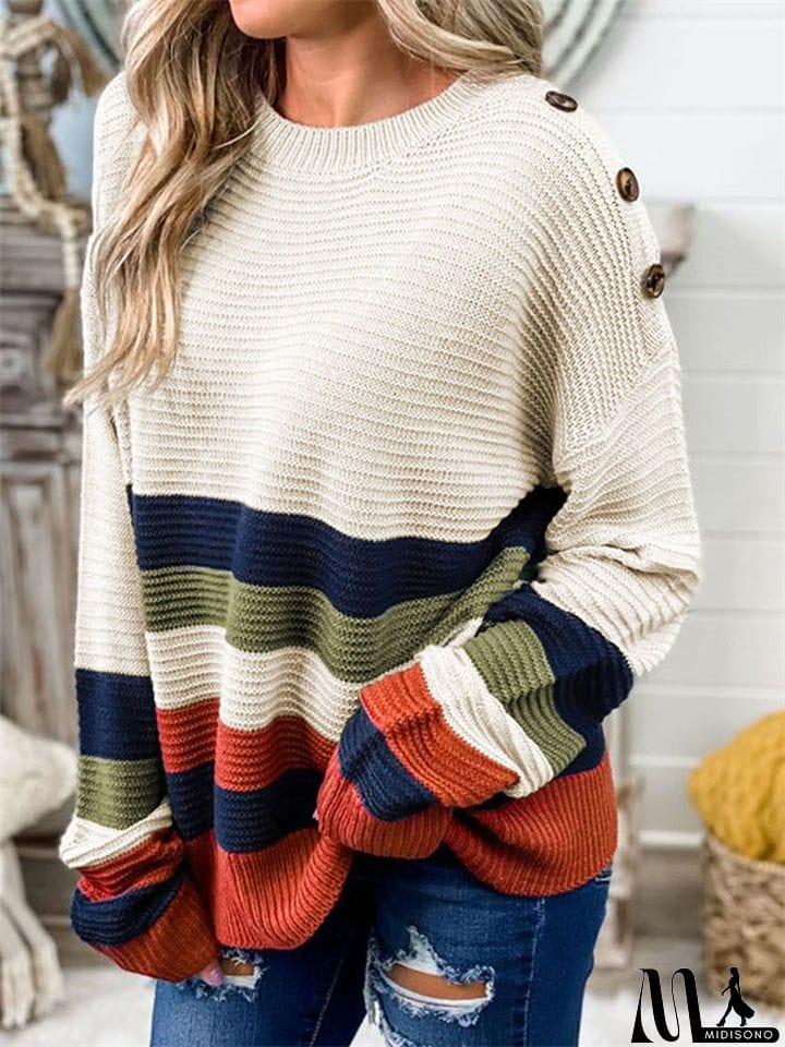 MidiSono - Womens Contrast Color Stripe Round Neck Loose Fashion Warm Sweaters