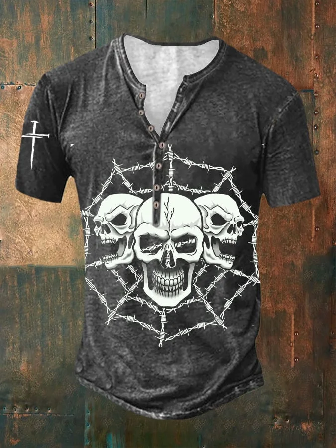 Men's Skull Retro Button Collar Print Short Sleeve T-Shirt