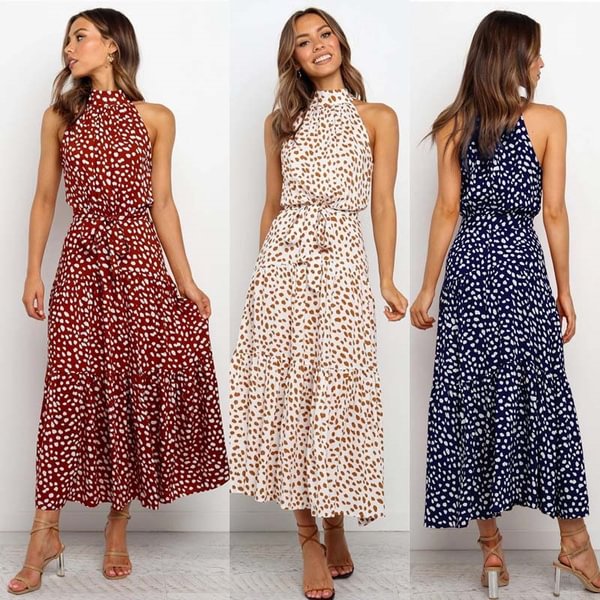 Plus Size Elegant Ladies Dress Sleeveless Collect Waist Polka Dot Long Dress Boho Dress Casual Beach Dress Women Sundress