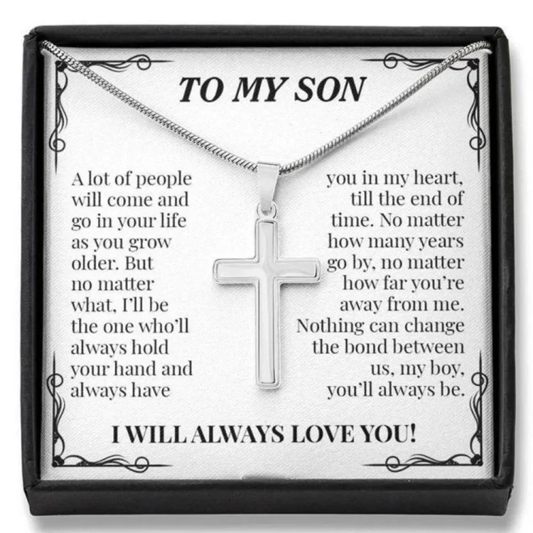 Personalized 1 Text To My Son S925 Silver Cross Necklace Set with Gift Card Gift Card-Custom Men Necklace Gift For Son-I Will Always Love You