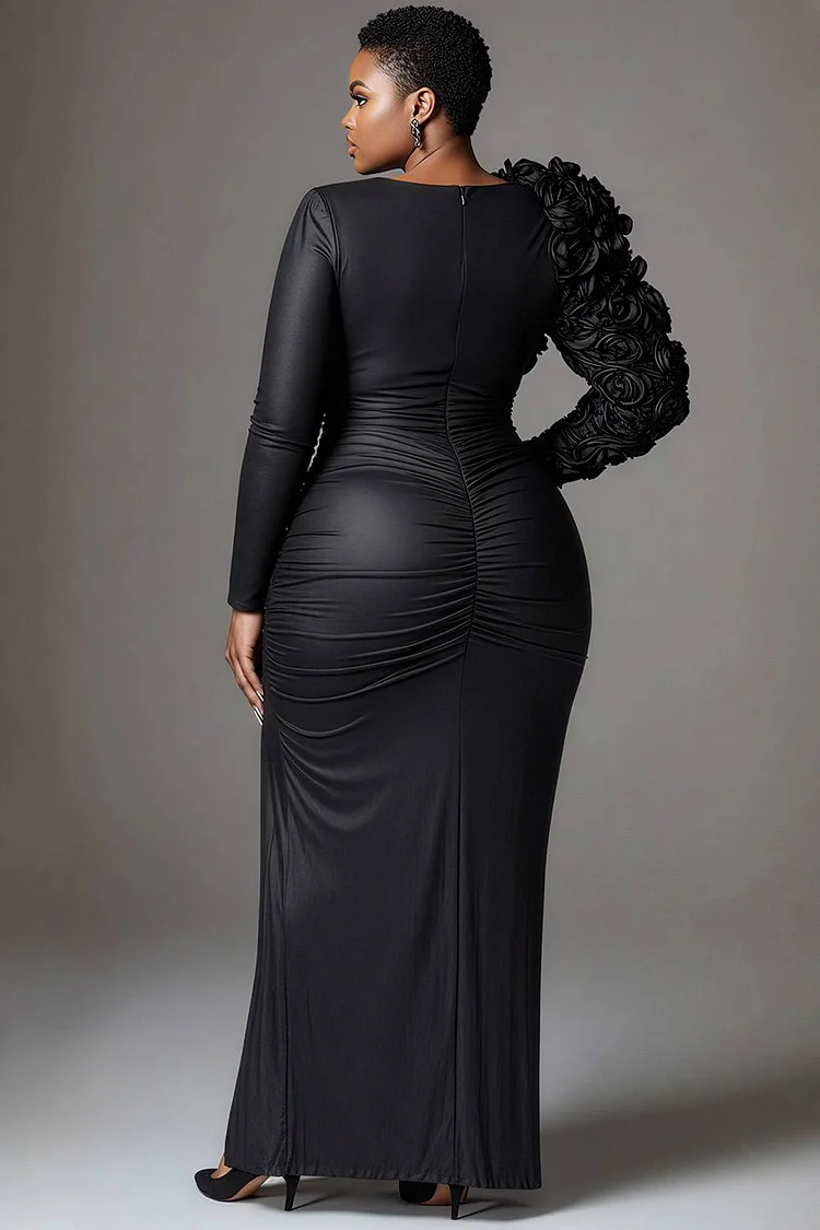 Xpluswear Design Plus Size Formal Black Round Neck Long Sleeve 3D Elegant Split PU Leather Maxi Dresses [Pre-Order]