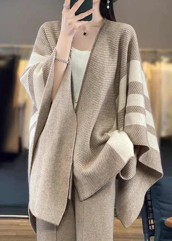 Loose Camel V Neck Striped Patchwork Wool Cape Cardigans Fall