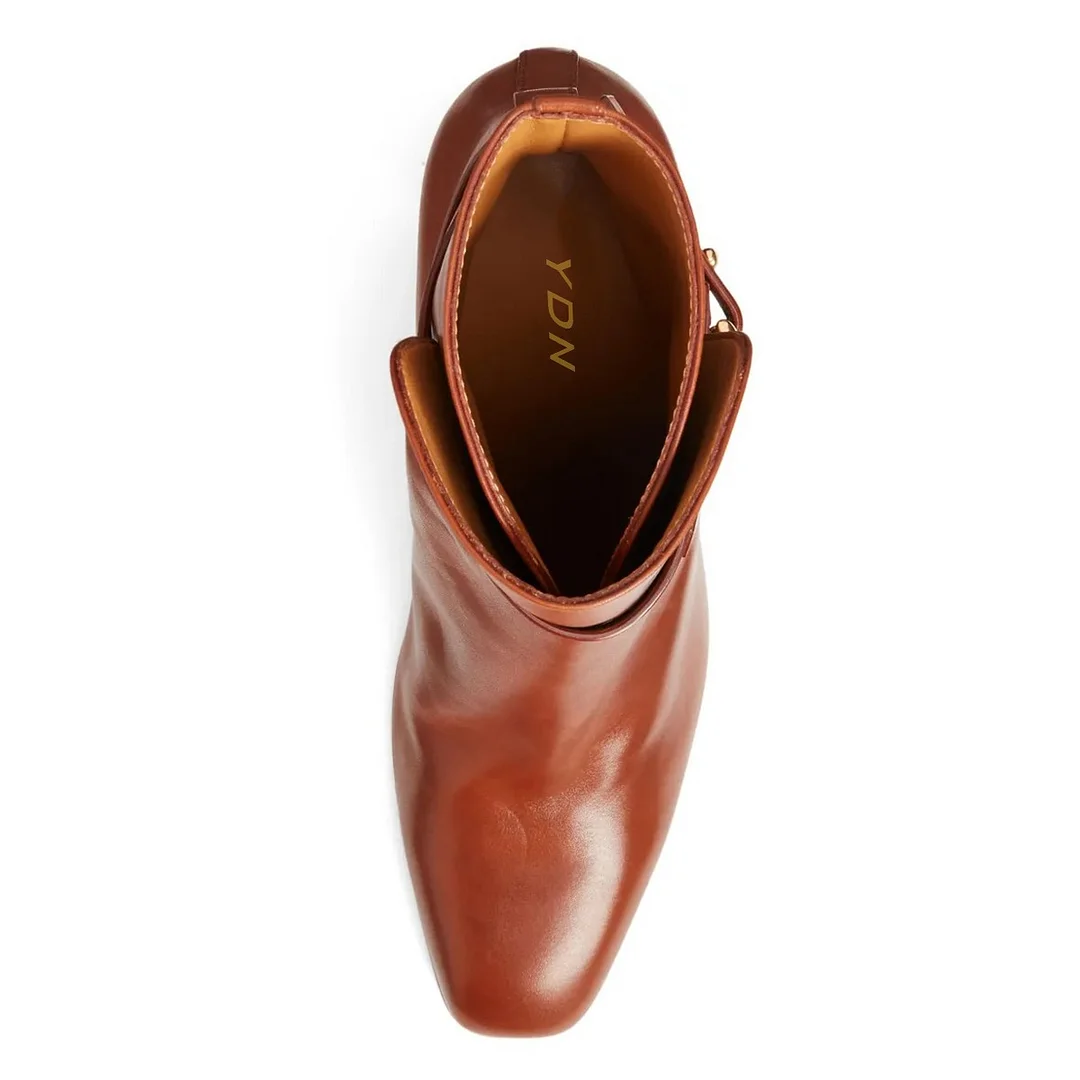Brown Chunky Mid Heel Decorative Buckle Strap Short Square Toe Boots