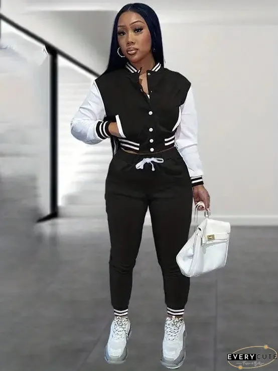 Stylish Women's Matching Set with Button-Up Bomber Jacket and Drawstring Pants