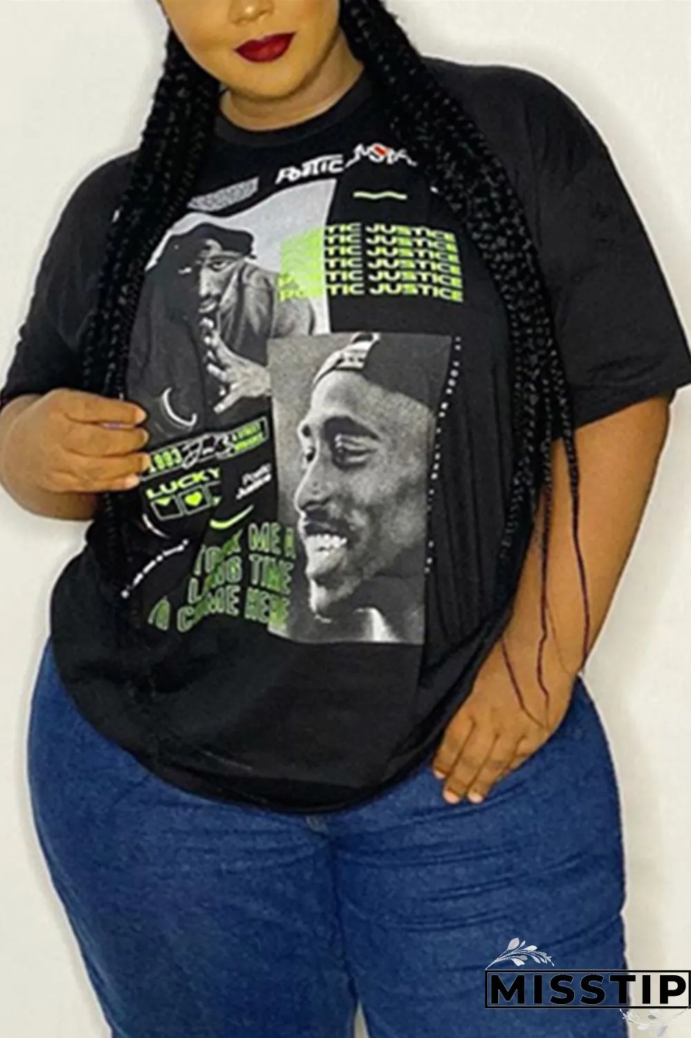 Letter Fashion Casual Printed Black Plus Size T-shirt
