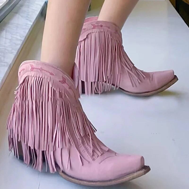 VCSHOES Retro Personality Cowboy Short Boots Women's Wild Fringed Thick Heel Sleeve Boots