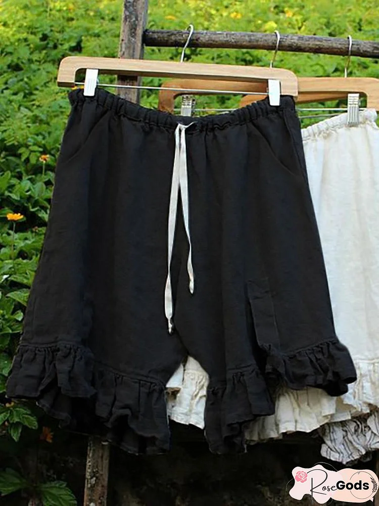 Women Folds Lace Up Elastic Waistband Shorts Linen Bloomers