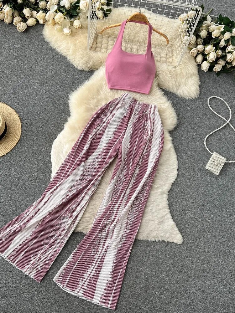 Fashion New Women Summer Sexy Pants Set Halter Tank Tops Wide-leg Long Pantsuit Female Slim Vacation Two Piece Sets