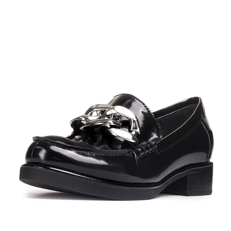 Black Round Toe Chains Loafers for Women |FSJ Shoes