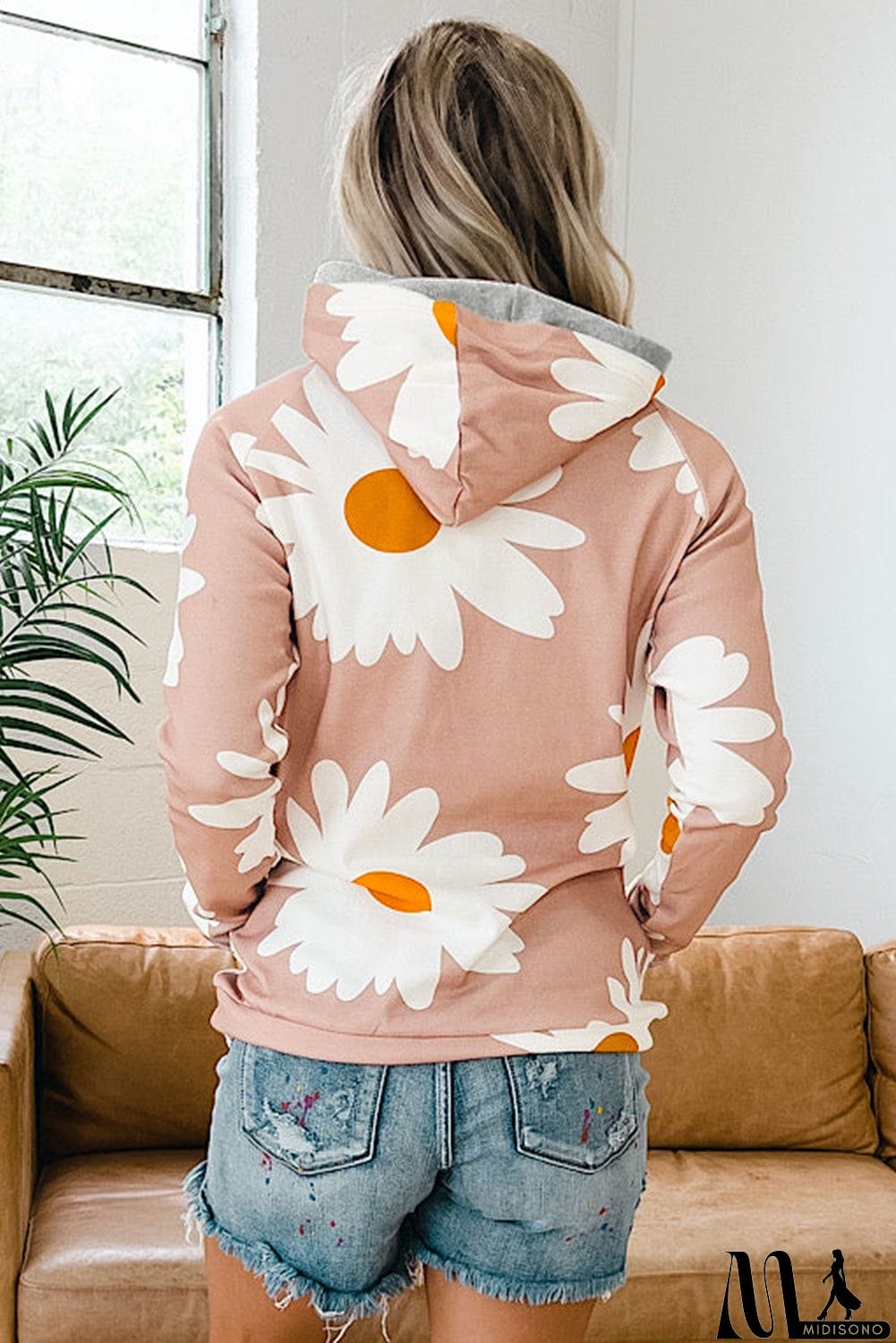 MidiSono - Daisy Print Zipped Doublehood Sweatshirt