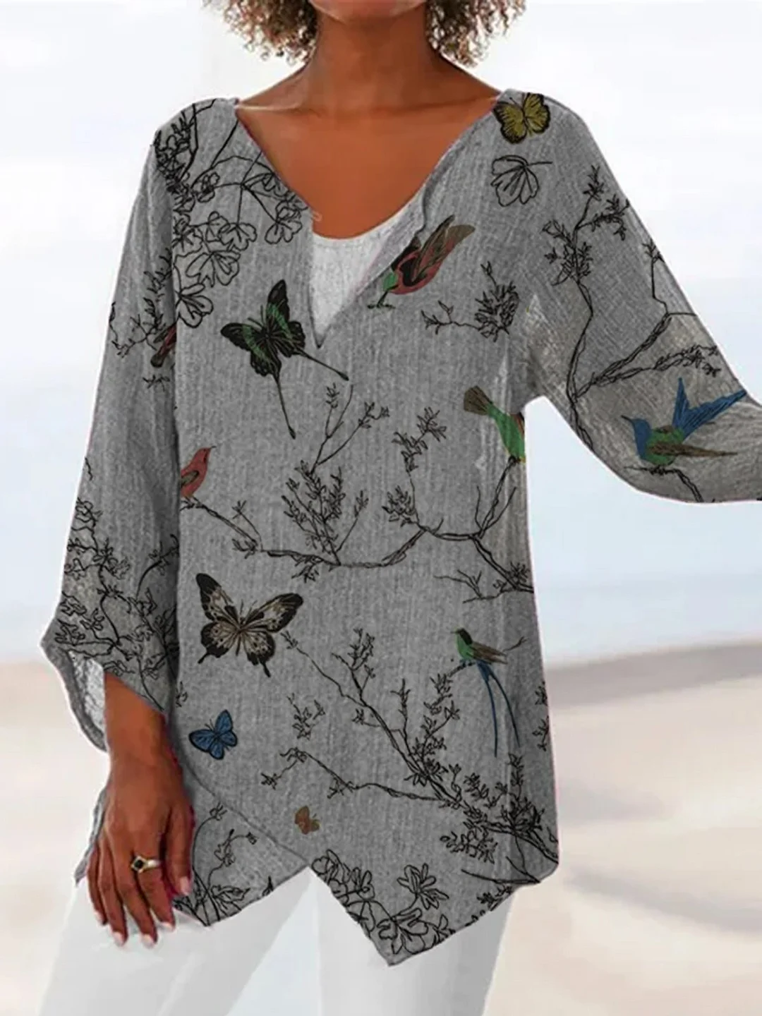 Casual Floral Bird Butterfly V Neck Plus Size Printed Tops