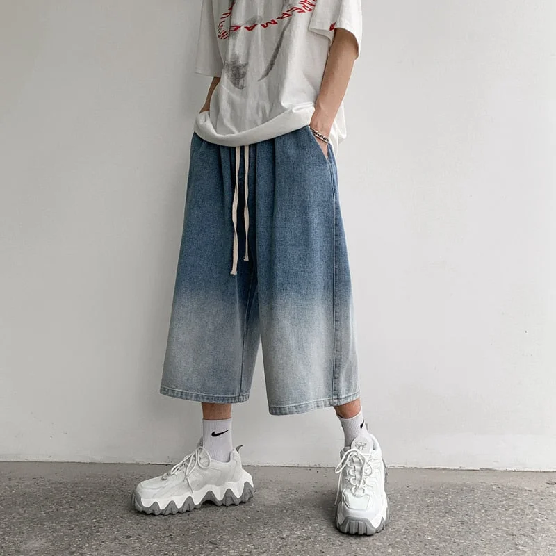 Aonga Summer Men Jeans Shorts Male Calf Length Trousers Denim Elastic Waist Short Jean Mens Oversized Black/Blue S-2XL aonga