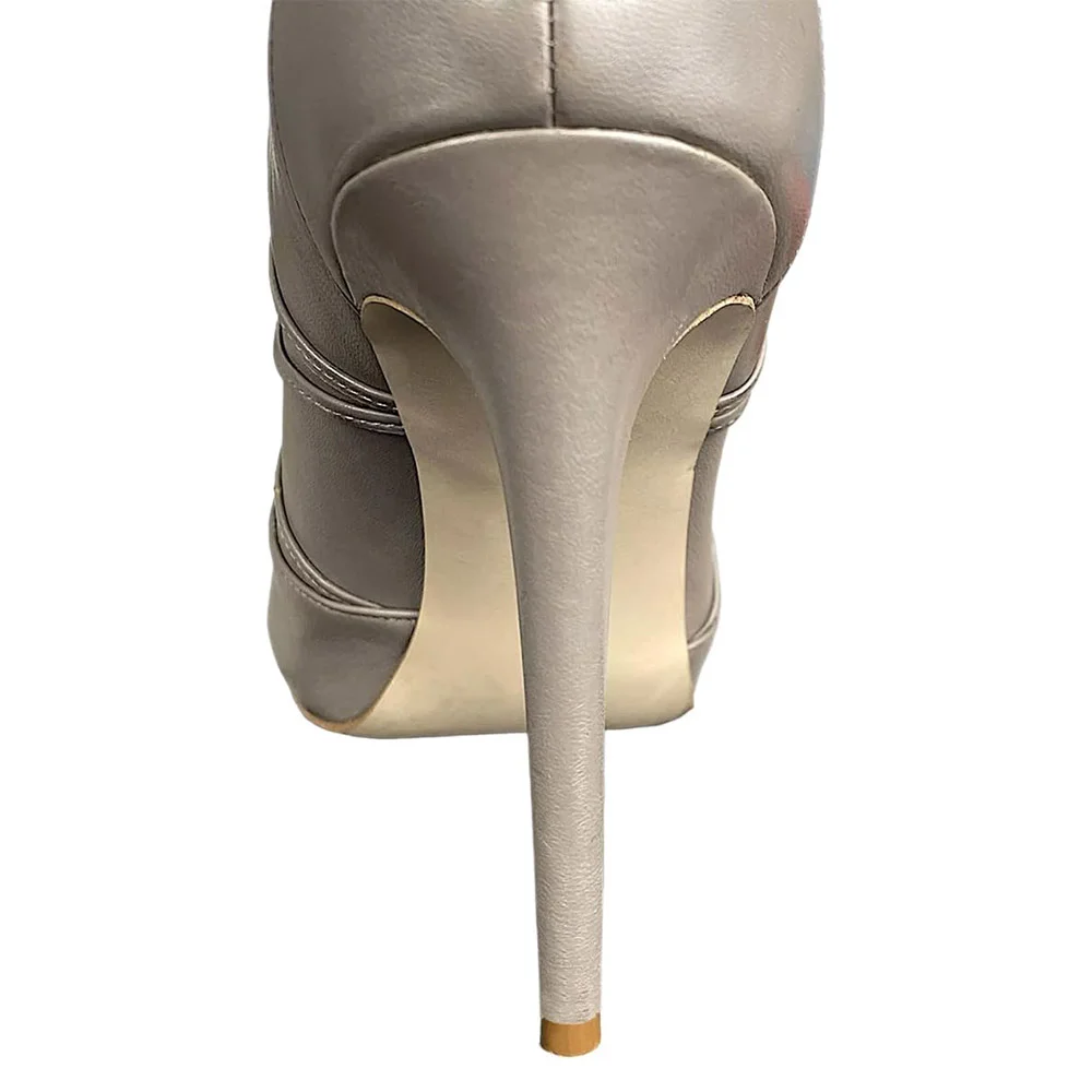 Gray Peep Toe Vegan Leather Back-Zip Stiletto Heel Ankle Boots