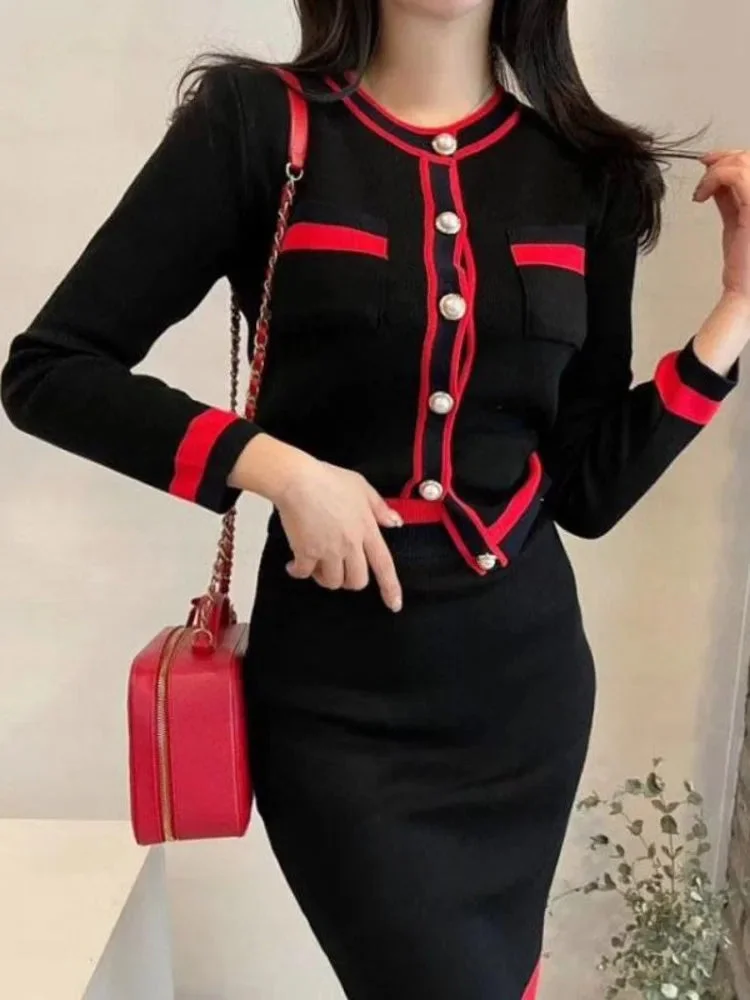 Huiketi Autumn Women Office Knitted Skirt Set Long Sleeve Pockets Cardigan Tops + High Waist Mini Skirt Knitting 2 Two?Pieces?Suits