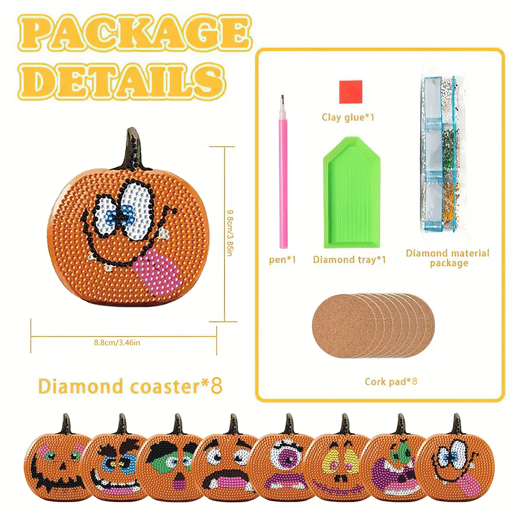 8pcs DIY Odd Pumpkin Diamond Painting Art Coaster Kit Special Shape Drill Diamond Painting