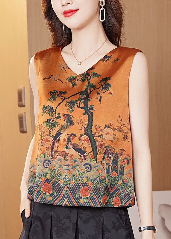 Elegant Orange Print Satin Vest Summer