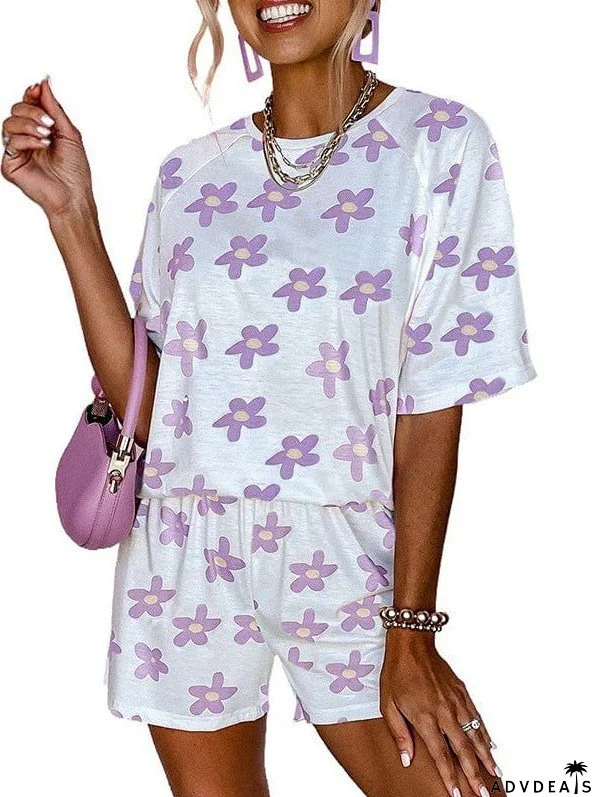 Women'S Floral Print Casual Two-Piece Set With High-Waisted Shorts