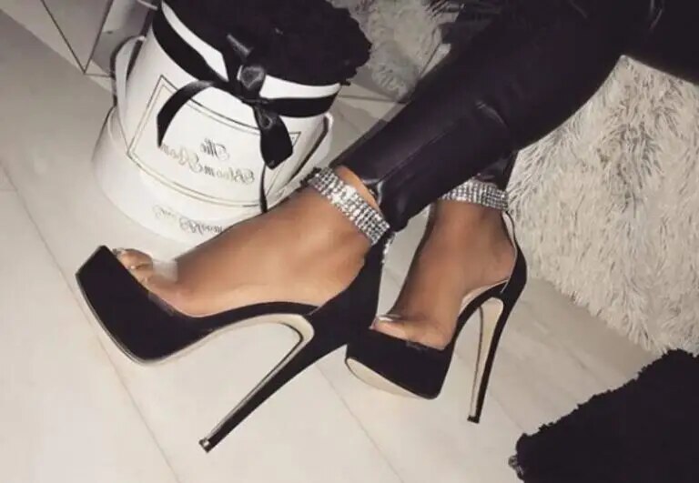 VCSHOES Bling Sequins Crystal Clear PVC Thick Sole Platform Sandals Woman Heels Ankle Wrap Cover Heel Party Shoes