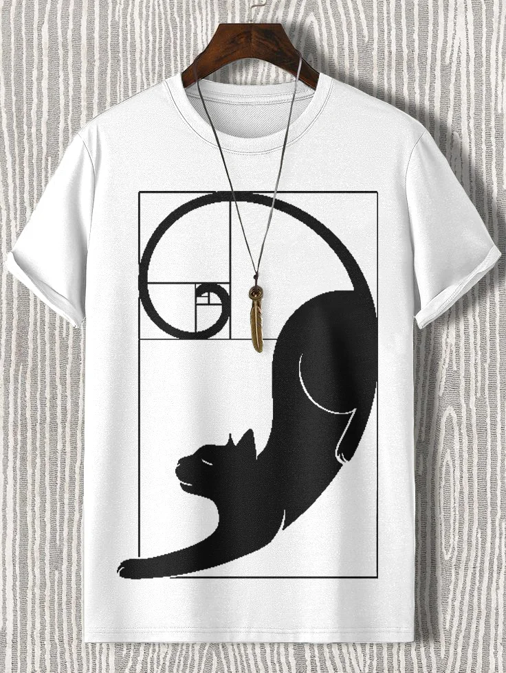 100% Cotton Men's Fibonacci Cat The Golden Ratio Print Casual T-Shirt