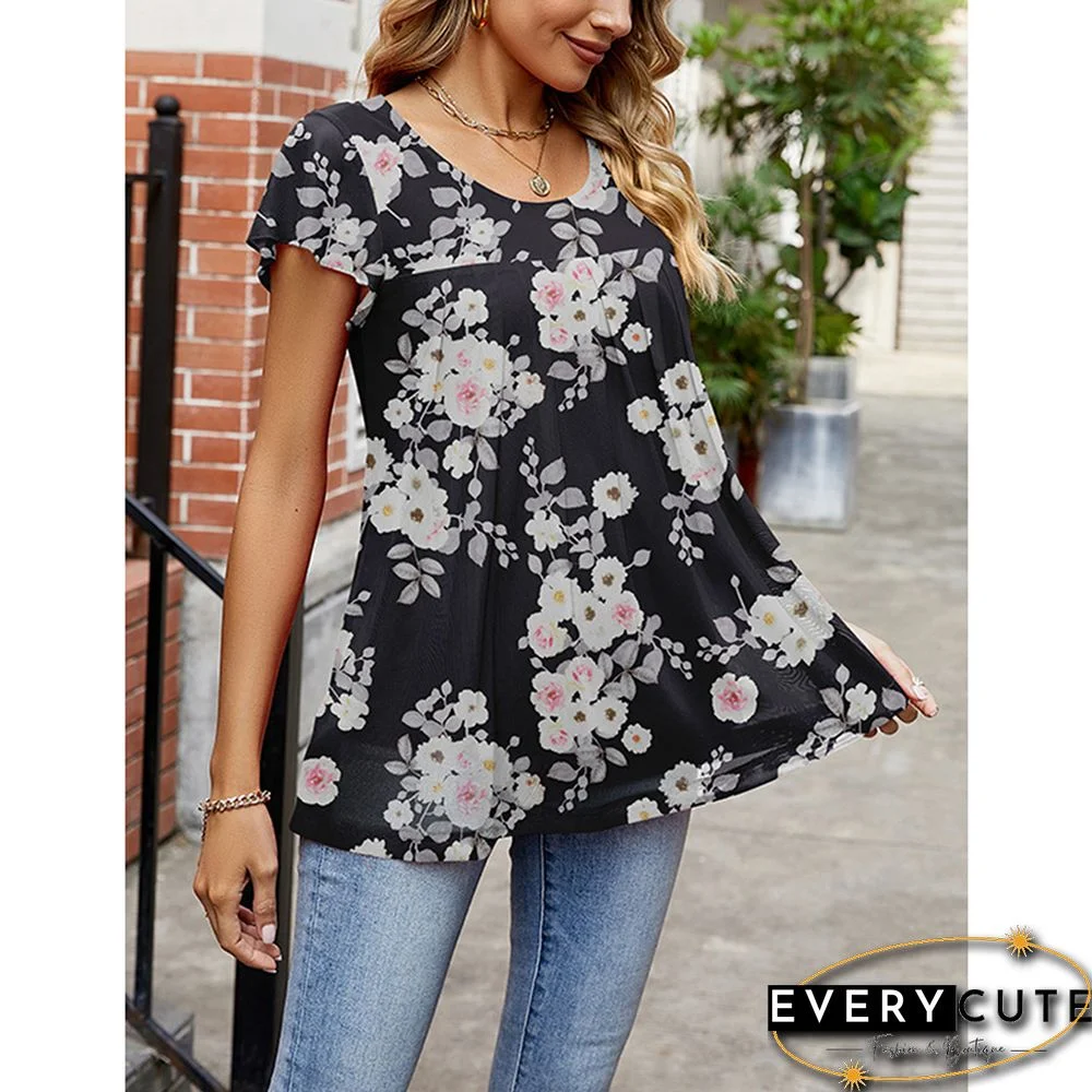 Pink Floral Print Splicing Mesh Tunic Tops