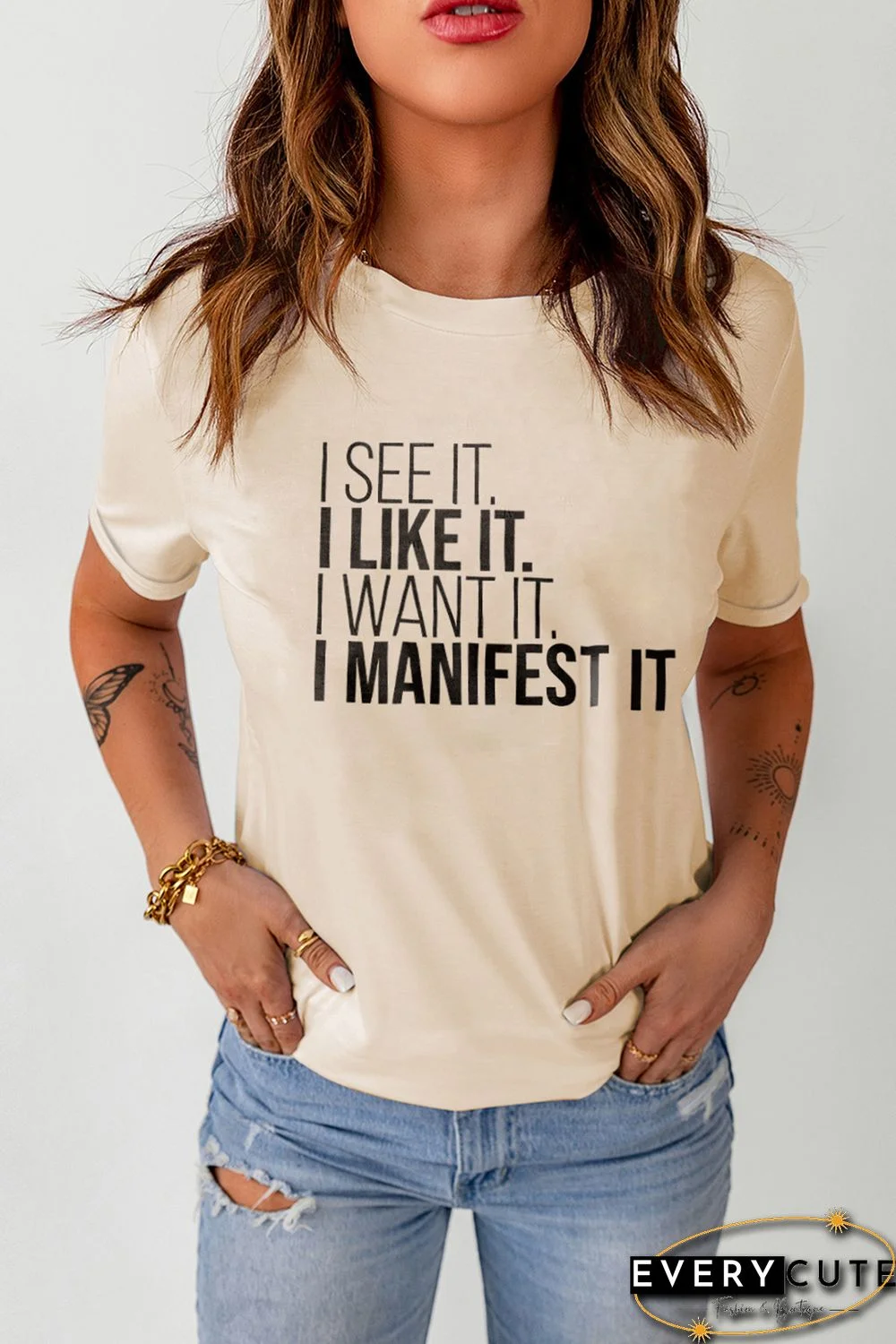 Khaki I Like It I Manifest It Letter Graphic T Shirt