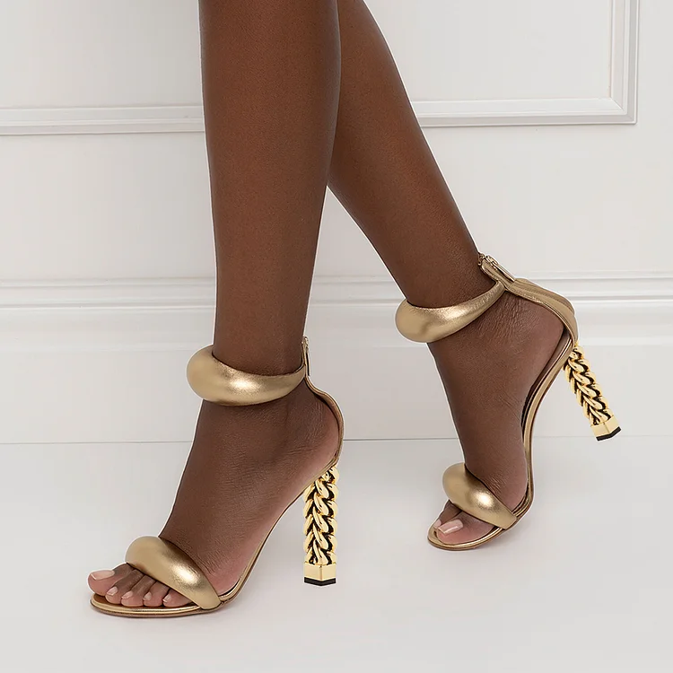 Gold Leather Opened Pointed Toe Padded Strappy Back Zip Sandals With Decorative Heels |FSJ Shoes