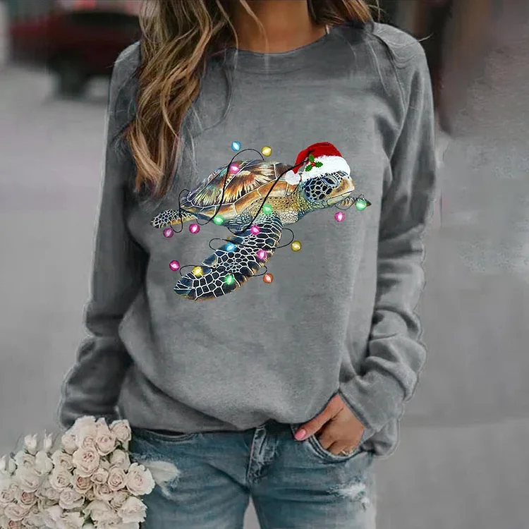 VChics Merry Christmas Sea Turtle Print Long Sleeve Casual Sweatshirt