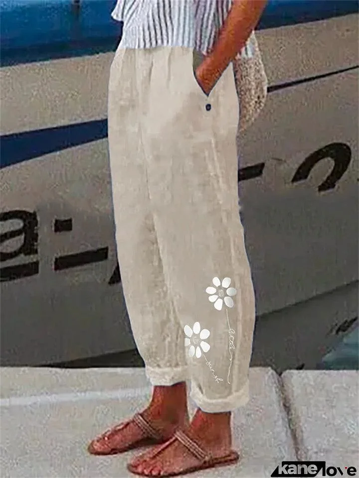 Women's Simple Floral Print Pockets Linen Loose Pants