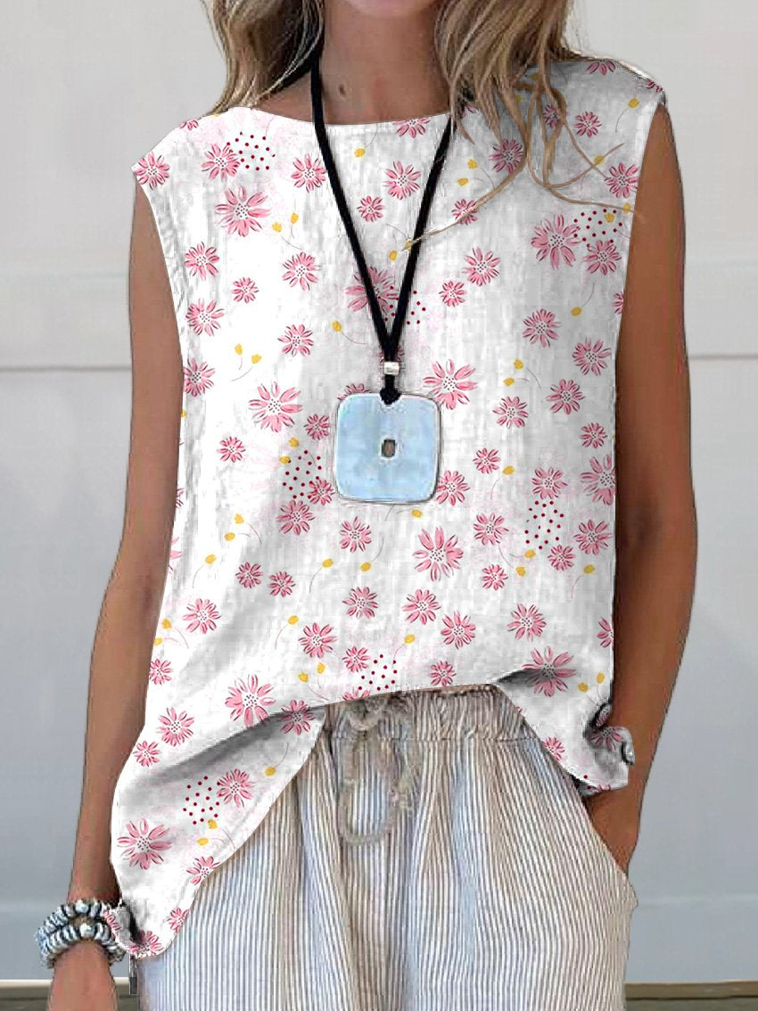 Pink Daisy Floral Pattern Printed Women's Casual  Cotton And Linen Tank Top