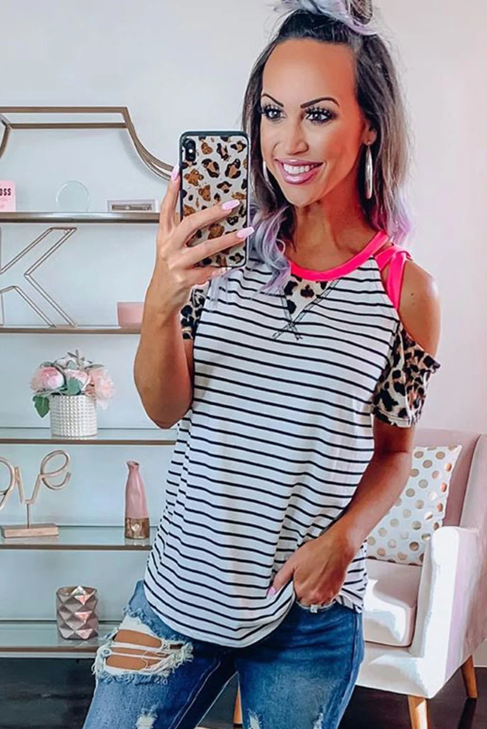 Striped Leopard Patchwork Cold Shoulder T-shirt | IFYHOME