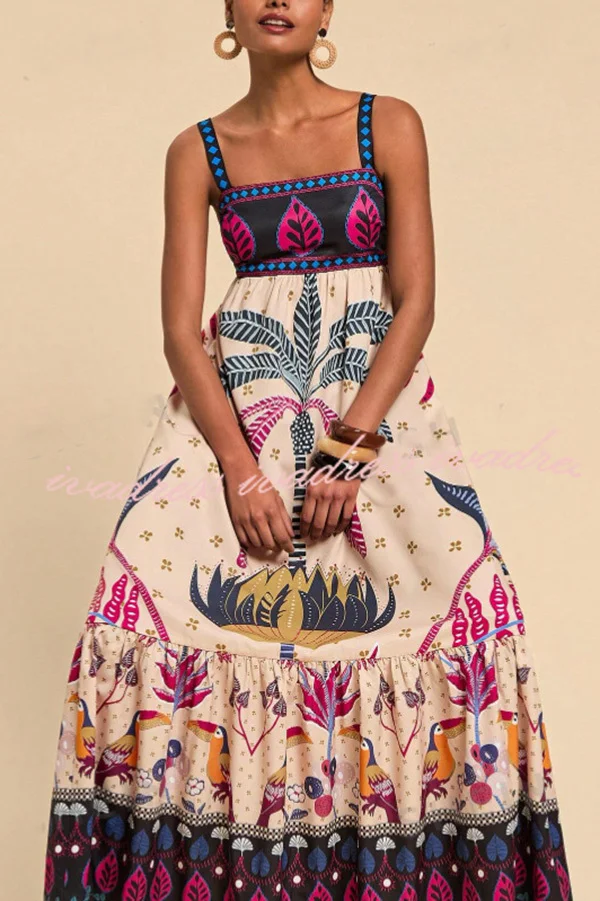 Bohemian Tropical Print Backless Casual Resort Maxi Dress
