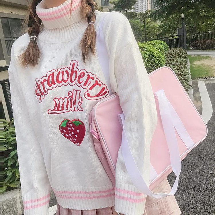 Kawaii Strawberry Milk Letter Turtleneck Sweater - Modakawa Modakawa