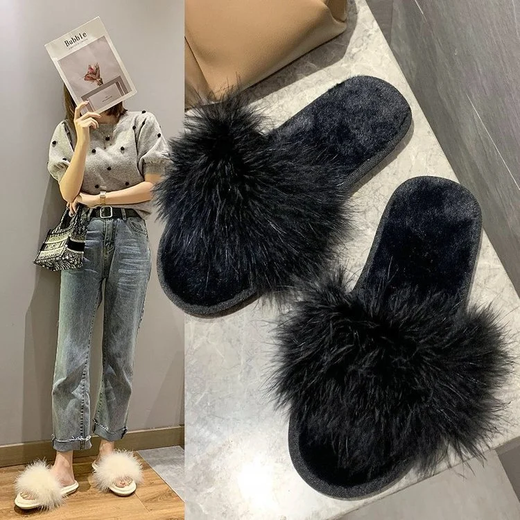 Wongn Wongn Cool Slippers Female Wear Ins Autumn Winter New Korean Version Of Fashion Casual Fire Chicken Feather Word Cool Drag Female