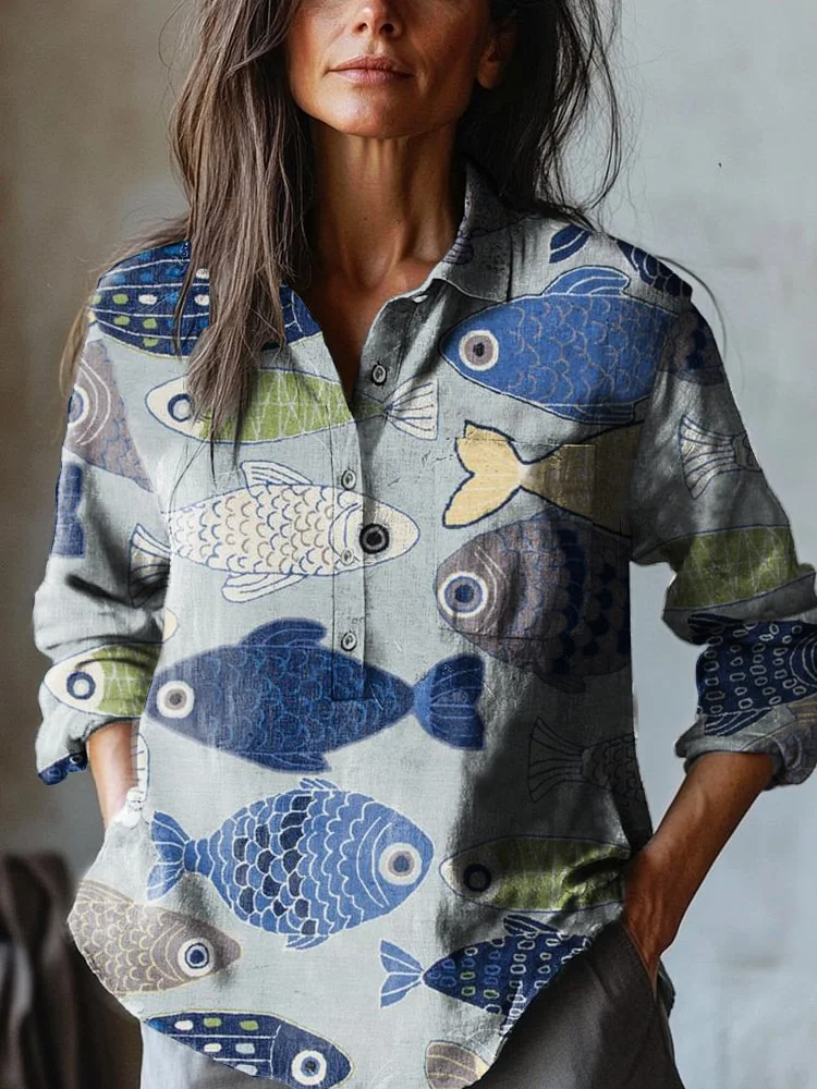 Women's Vintage Graffiti Fish Art Print Casual Cotton And Linen Shirt