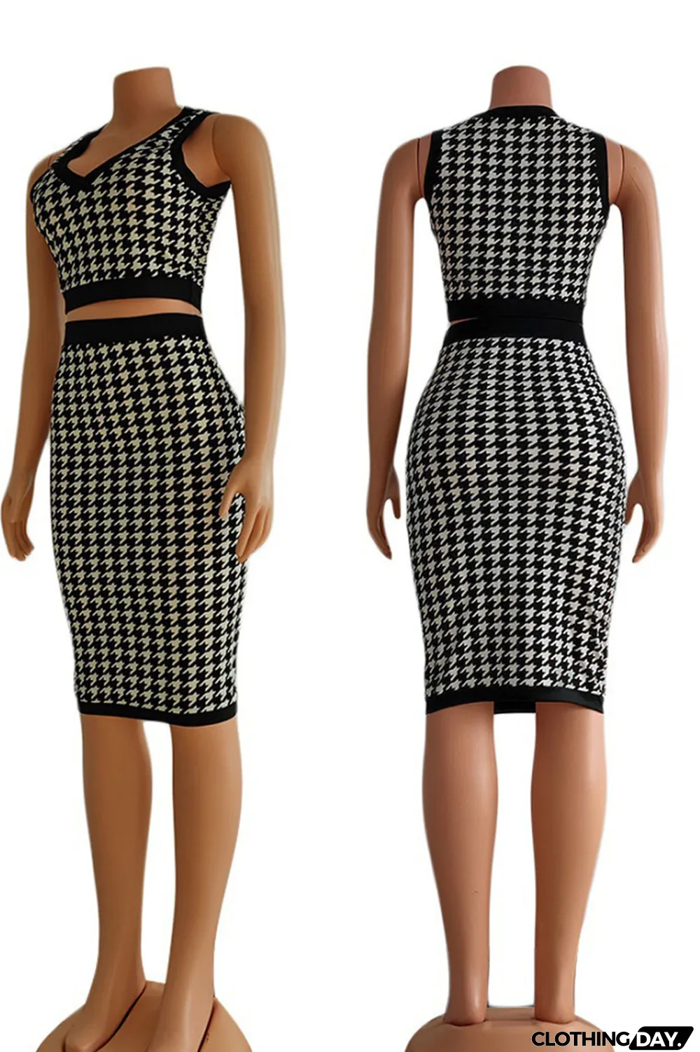 Black Casual Print Patchwork V Neck Sleeveless Two Pieces