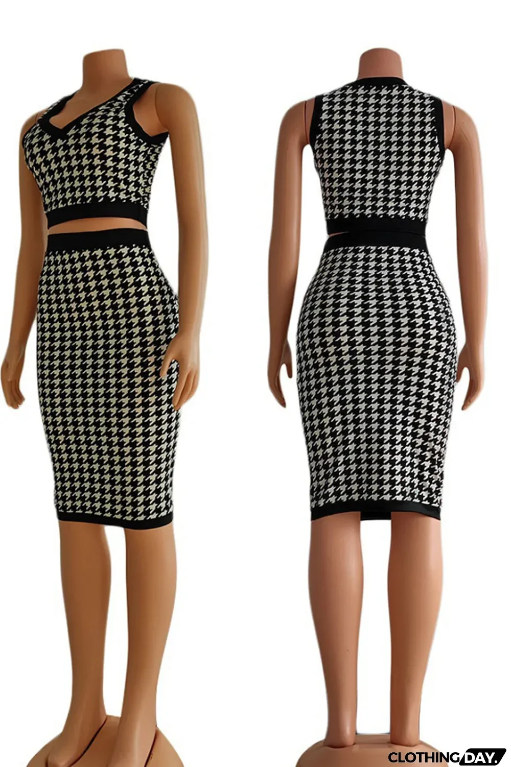 Black Casual Print Patchwork V Neck Sleeveless Two Pieces