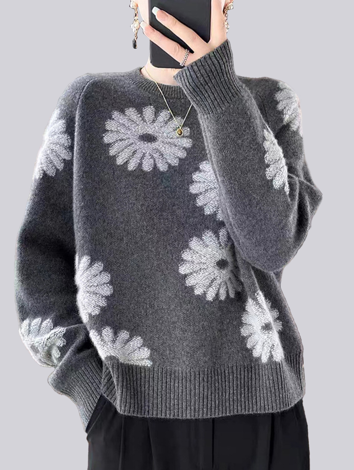 Casual Crew Neck Long Sleeve Knitted Daisy Pattern Sweater