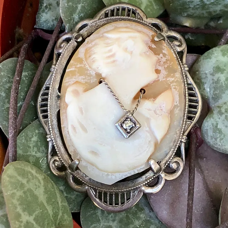 Antique Habille Carved Shell Cameo with Diamond Necklace Sterling Silver Brooch