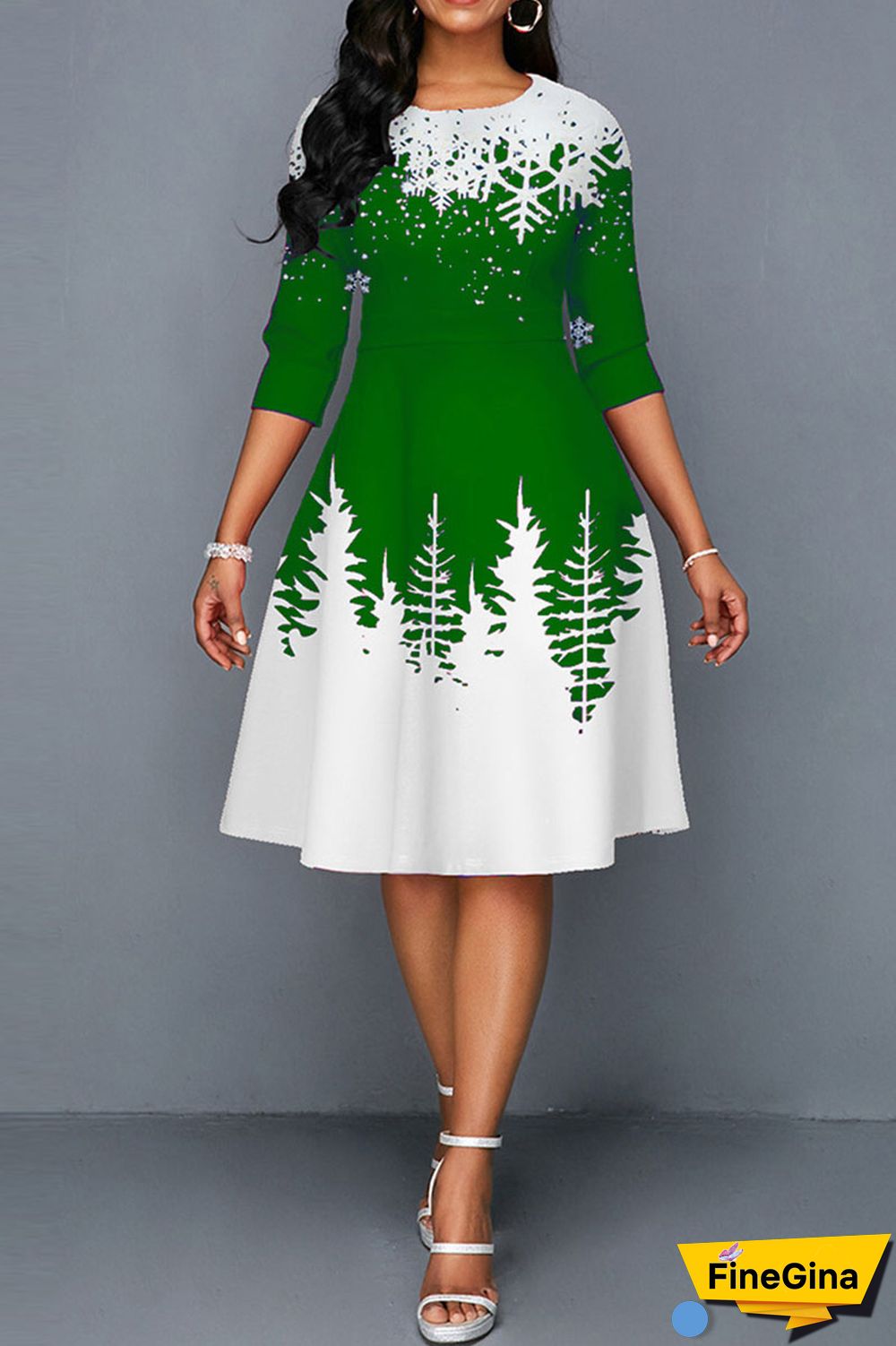 Green Casual Print Patchwork O Neck A Line Dresses