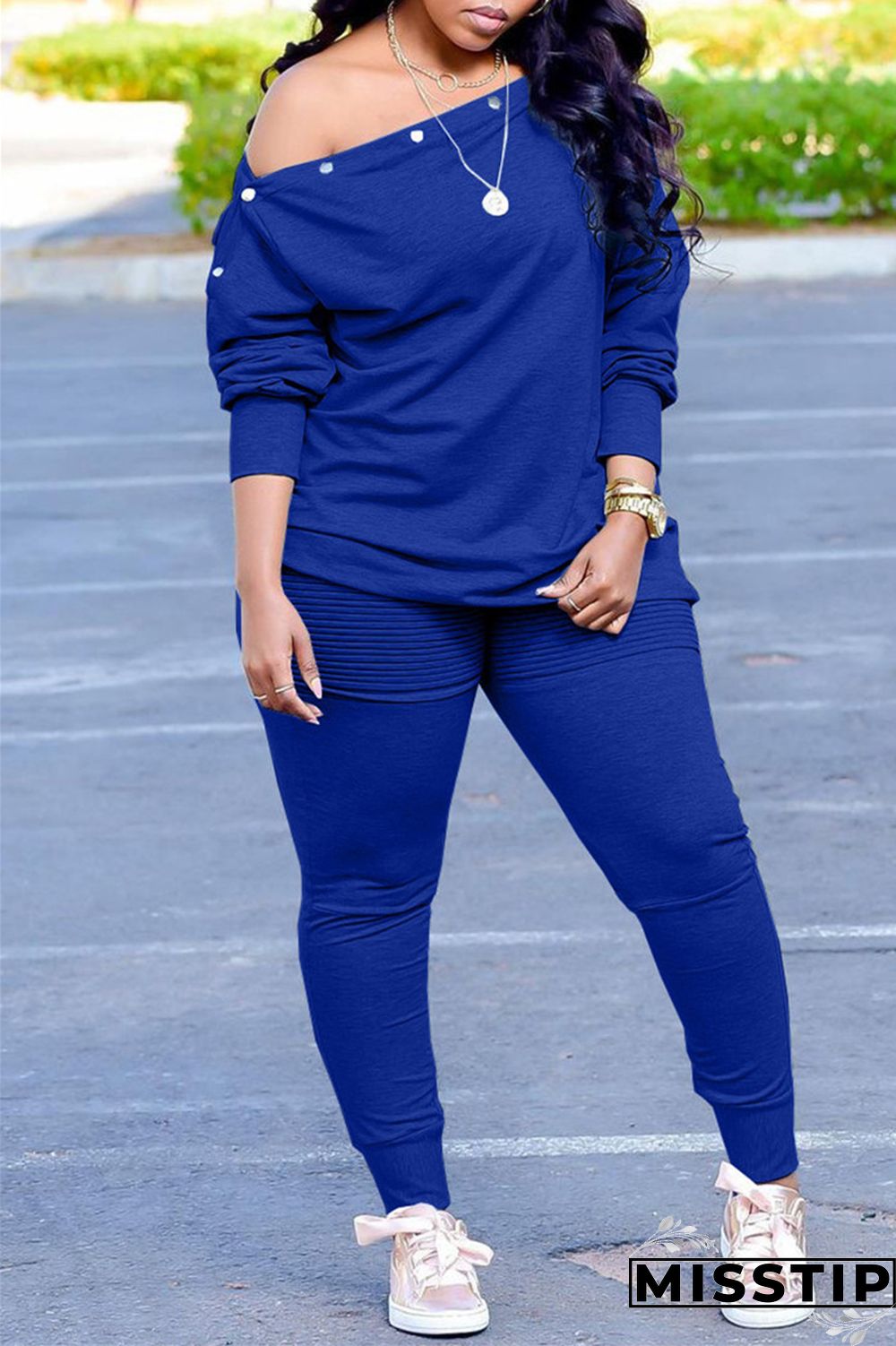 Blue Fashion Casual Solid Patchwork Oblique Collar Plus Size Two Pieces