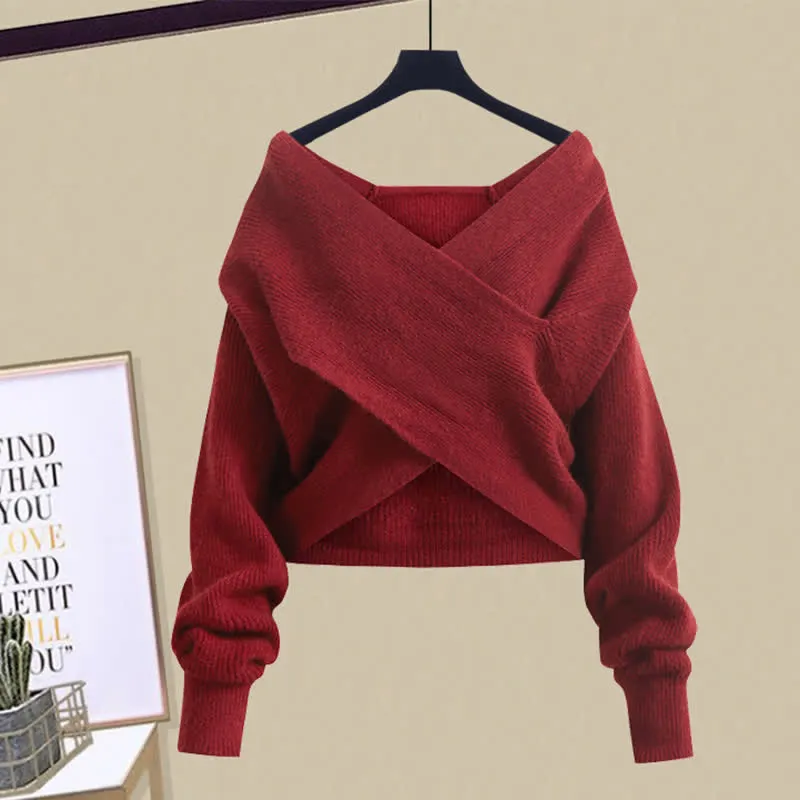 Pure Color Cross Knit Sweater Dress Two Pieces Set