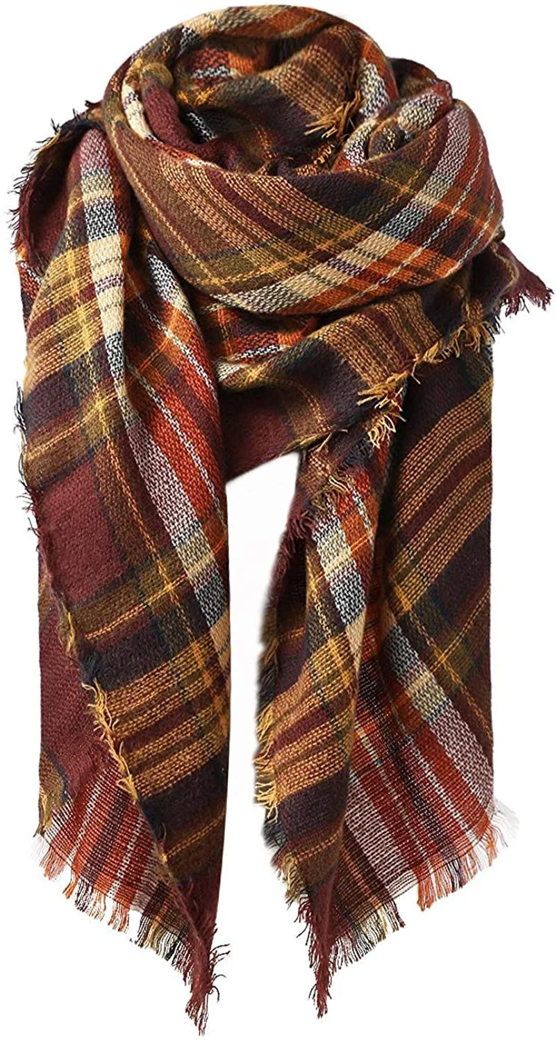 Women's Fall Winter Scarf Classic Tassel Plaid Scarf Warm Tartan Wrap Shawl