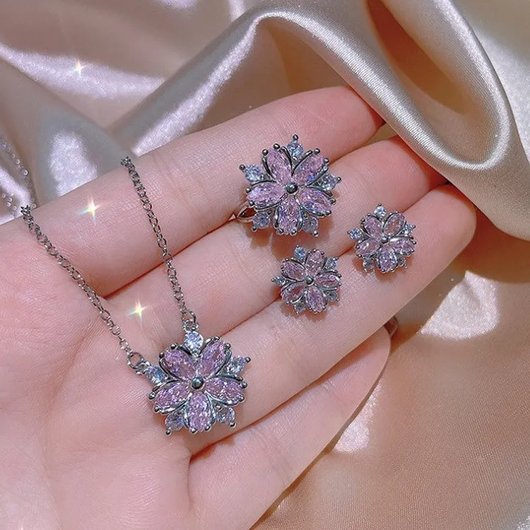 Titanium Steel Jewelry Set with Pink Zirconia Earrings Necklace and Ring for
