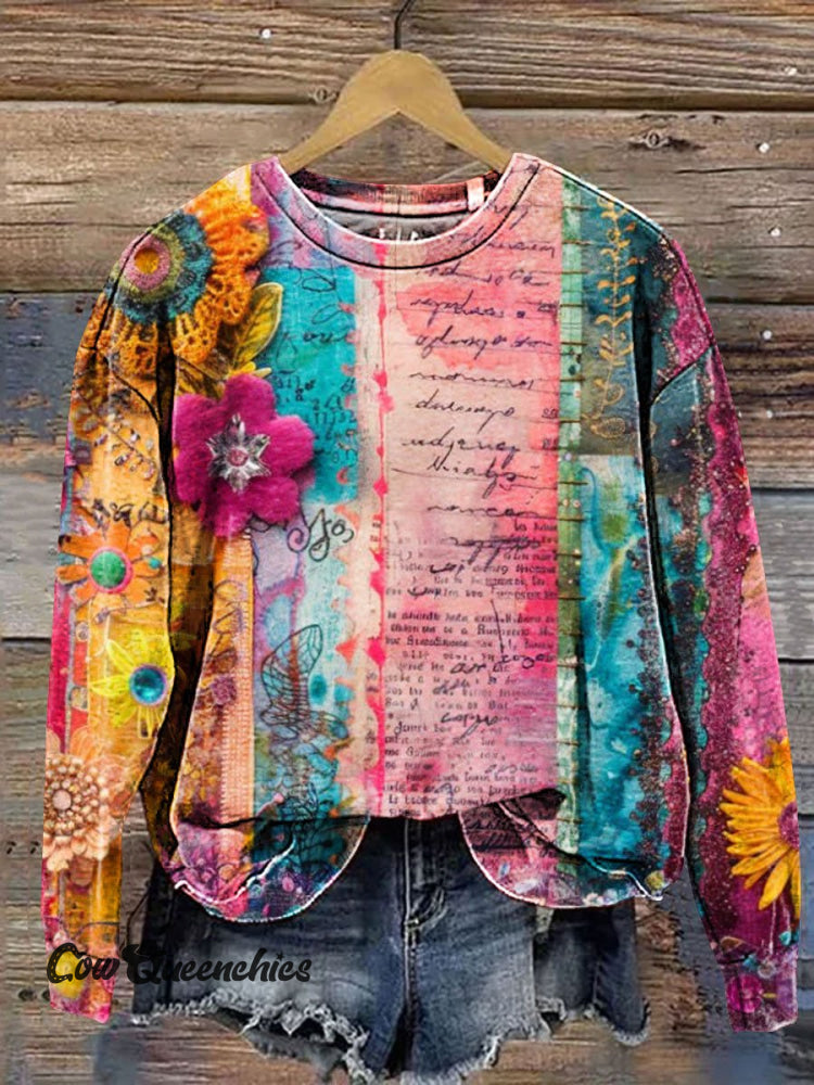 Vintage Floral Art Print Casual Sweatshirt Multicolor / S