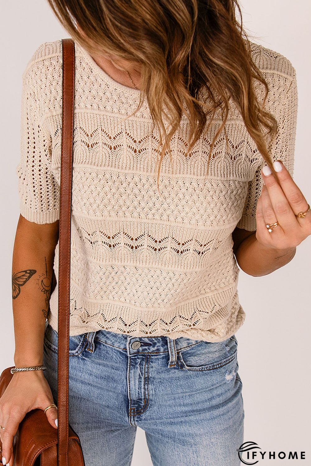 Apricot Crochet Hollow-out Short Sleeve T-shirt | IFYHOME