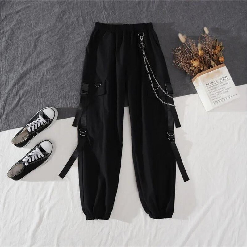 Woherb Unisex Two Piece Set Loose Stitching Ribbon Blue Shirt+Chian Cargo Pants Loose Style For Unisex