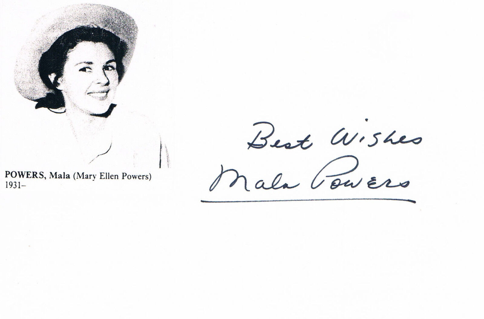 Mala Powers 1931-2007 genuine autograph card 4x6