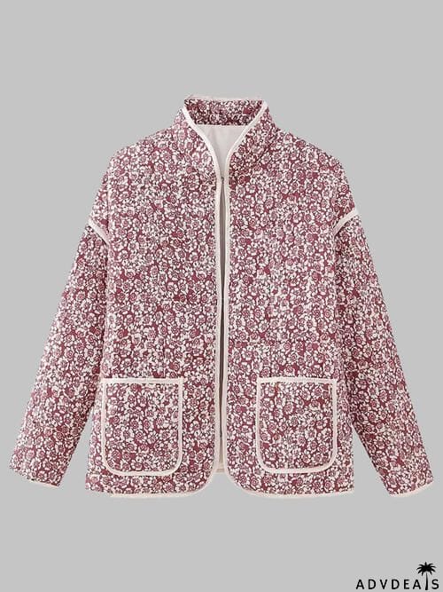 Floral Open Front Puffer Jacket with Pockets