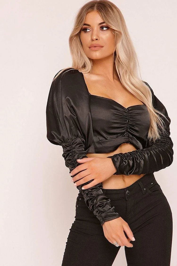Black Satin Button Up Puff Sleeve Crop Top Katch Me